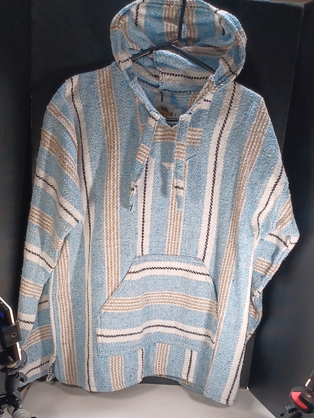 Men's Striped Turtleneck Baja Pullover in Light Blue & Cream
